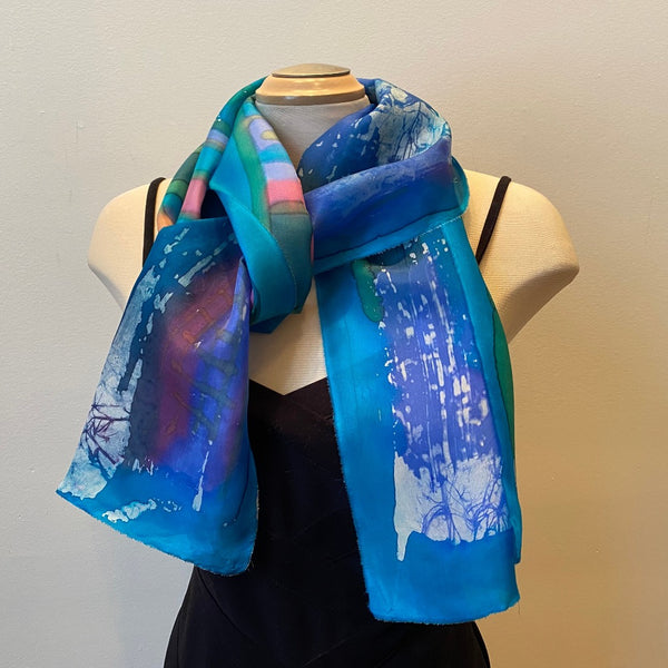 Blue batik silk scarf, hand painted, art to wear, art scarf, designer scarf