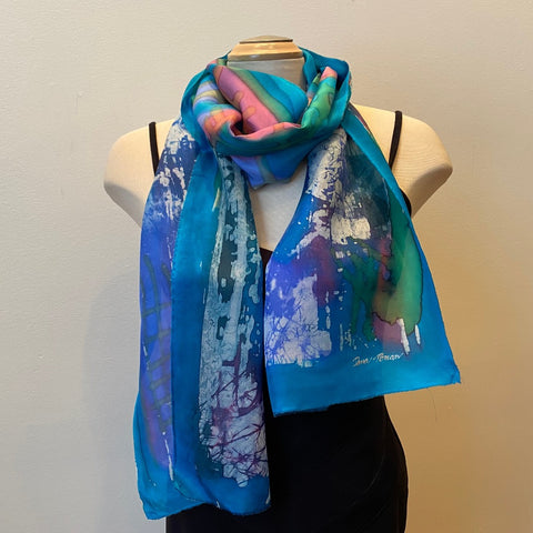 Blue batik silk scarf, hand painted, art to wear, art scarf, designer scarf