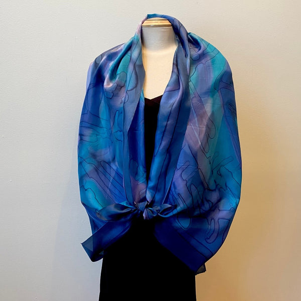 Blue hand painted silk scarf, designer scarf, art to wear