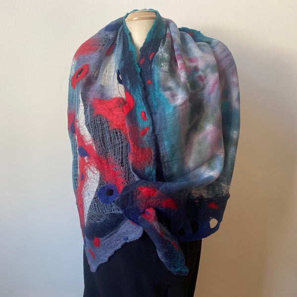 Blue and red hand felted shawl, art to wear, designer art scarf