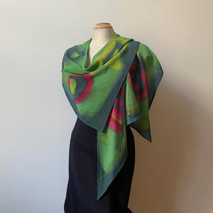 Green hand painted silk wrap, art scarf, designer scarf