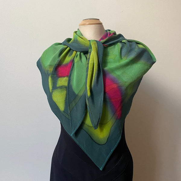 Green hand painted silk wrap, art scarf, designer scarf