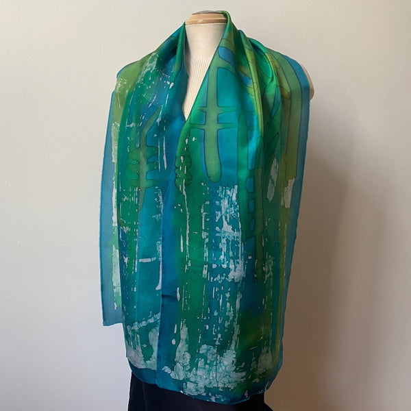 Green batik hand painted silk scarf, art to wear, designer scarf, art scarf