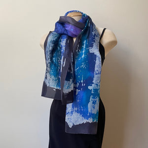 blue and black silk batik art scarf, designer scarf, art to wear, rozome