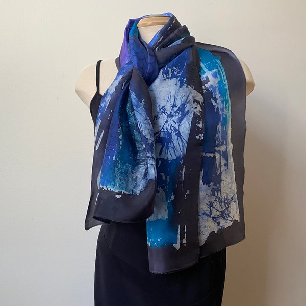 blue and black silk batik art scarf, designer scarf, art to wear, rozome