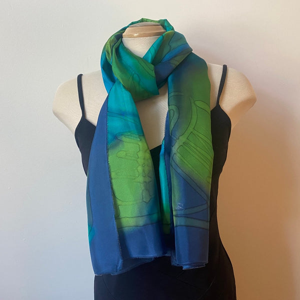 Green hand painted silk large shawl, art to wear, designer art scarf, 22"x70"