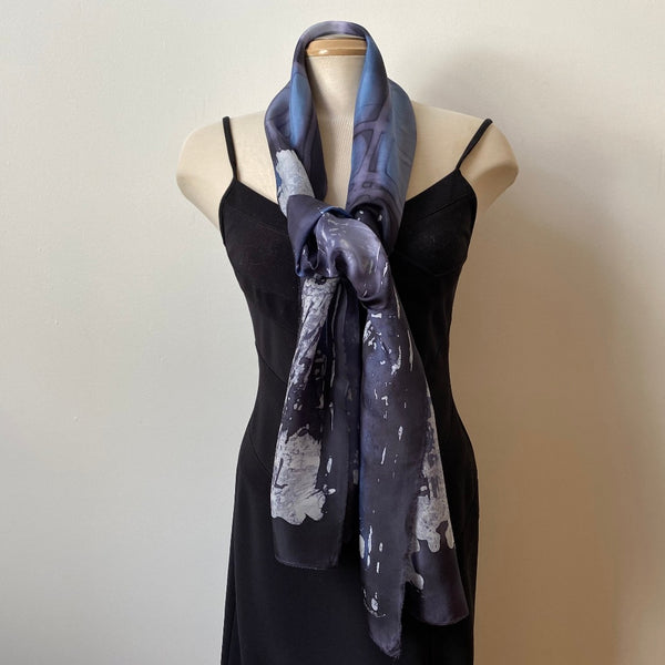 Black, grey and white batik silk scarf, art to wear