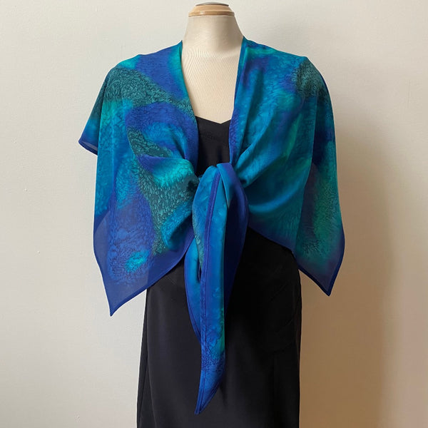 Blue and green hand painted silk poncho style art scarf, designer art to wear, evening wear, wedding, bridesmaids, special occassions.