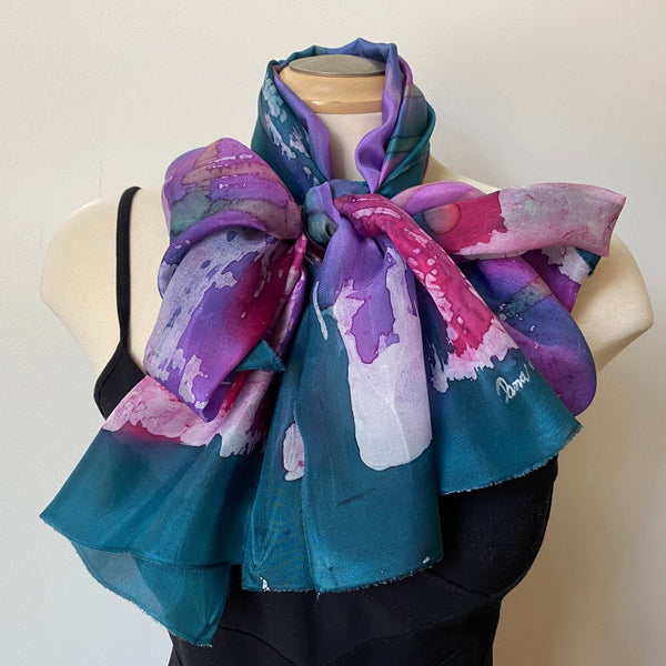 Batik silk scarf, designer art scarf, hand painted silk scarf, green and fuchsia scarf