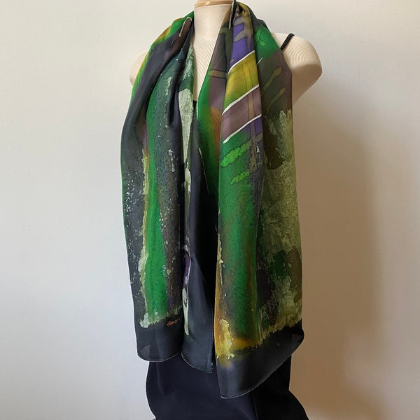 Silk batik large shawl in black and green, art to wear, designer art scarf, 22"x70"
