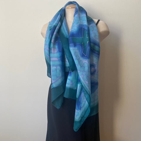 hand painted silk scarf in blues and greens, art to wear, designer art scarf