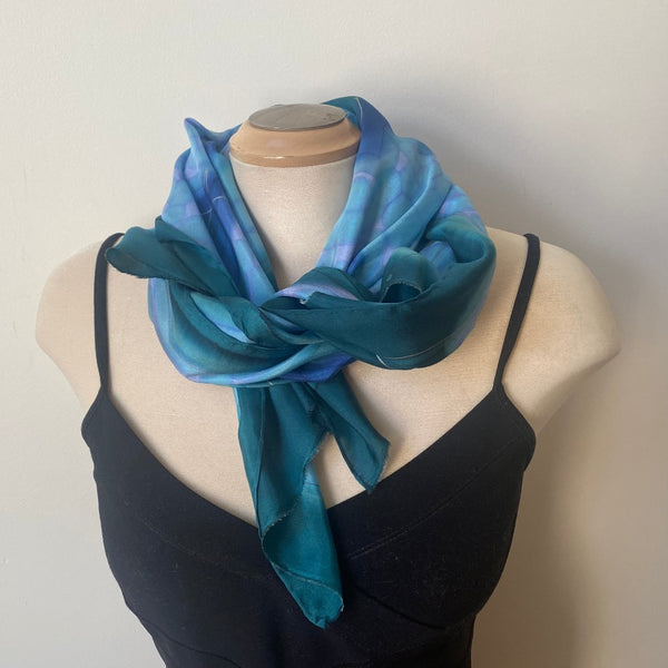 hand painted silk scarf in blues and greens, art to wear, designer art scarf