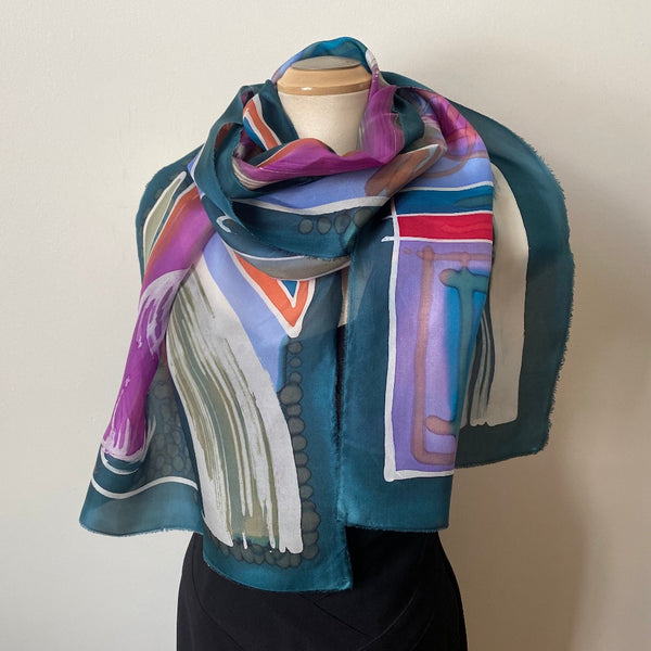Batik silk scarf, hand painted designer art scarf, 18"x70", unique gift scarf