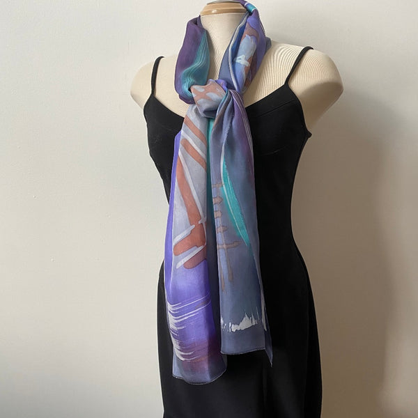 Grey hand painted silk scarf, art to wear, bold design, muted colours, 18"x70"