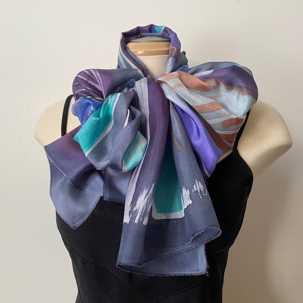 Grey hand painted silk scarf, art to wear, bold design, muted colours, 18"x70"