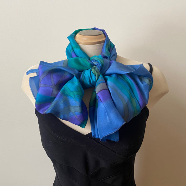 Blue and green large hand painted silk shawl, artwear, art scarf designer scarf, bridesmaids