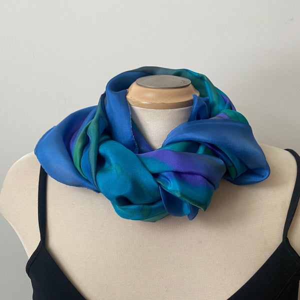 Blue and green large hand painted silk shawl, artwear, art scarf designer scarf, bridesmaids