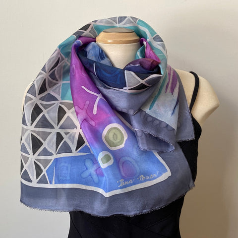 Batik silk scarf, rozome, designer art scarf, hand painted silk scarf, art to wear, one of a kind scarf