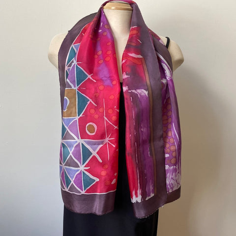 Red batik silk painted art scarf, designer scarf, art to wear