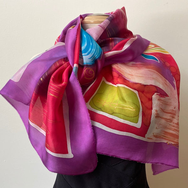 Red and fuchsia bright batik silk scarf, hand painted, abstract art, art to wear, avantgarde accessorie, 22" x 70"