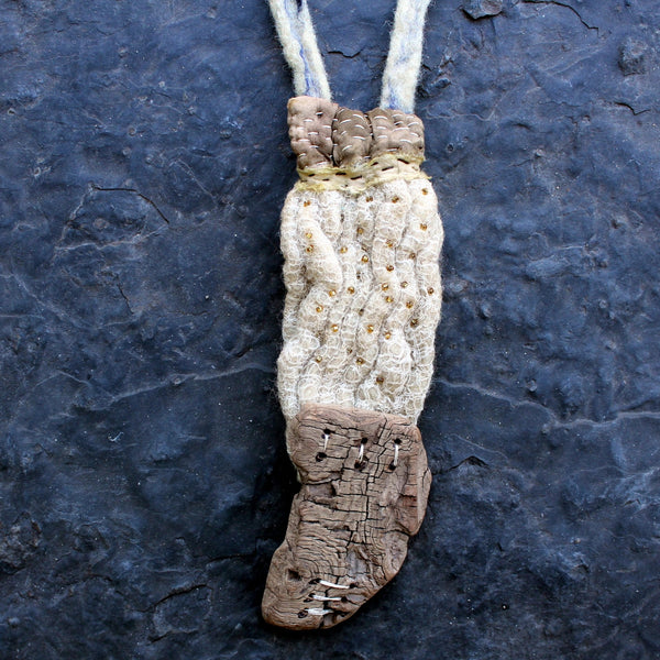 Designer Hand Felted Necklace, Eco Dyed, with Silk and Driftwood, Embroidered with Beads