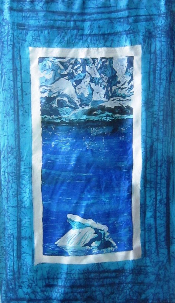 28" x 68", Painted Silk Wall Hanging, Batik , Path of the Glacier