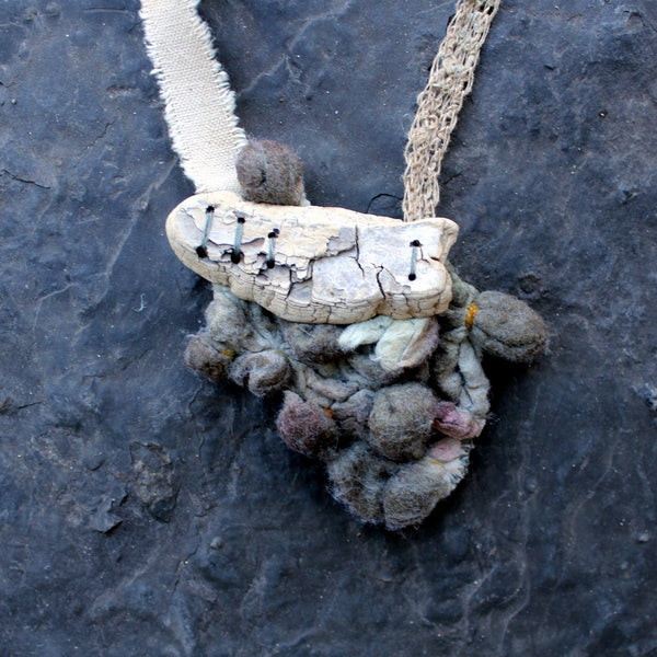 Designer Hand Felted Necklace, Eco Dyed, Crocheted, with Driftwood