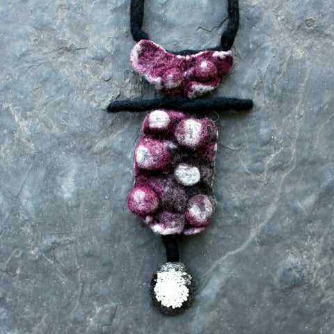 Designer Hand Felted Necklace, Shibori and Lace,16.5"