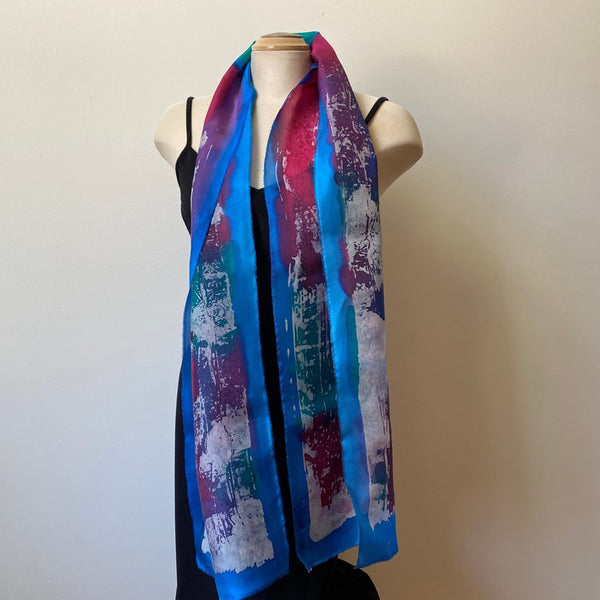Batik silk scarf hand painted red and blue