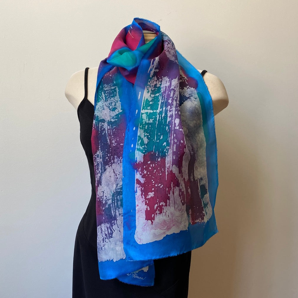 Batik silk scarf hand painted red and blue