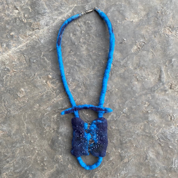 Designer Hand Felted and embroidered designer blue necklace