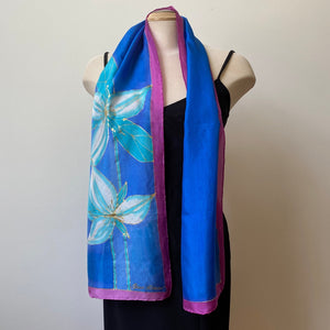 Handpainted silk scarf with flowers, 11"x60"