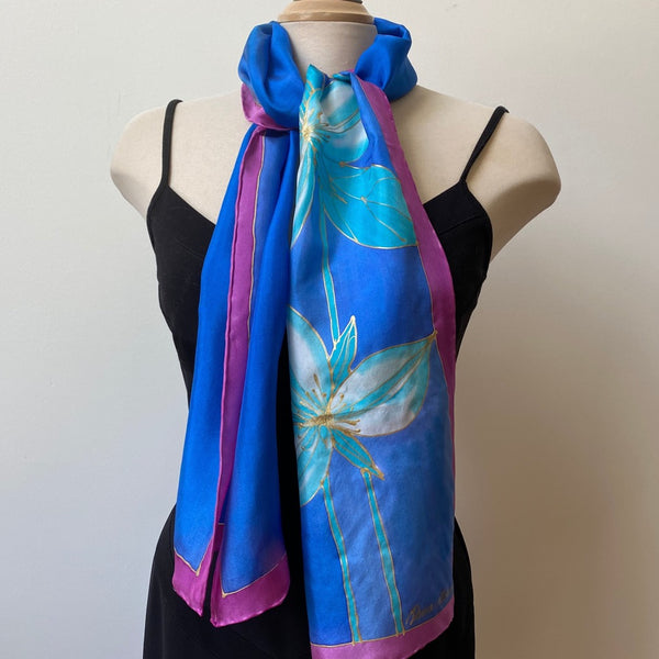 Handpainted silk scarf with flowers, 11"x60"