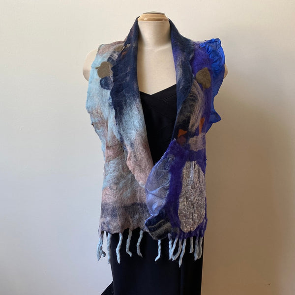 Hand Felted and Painted Silk and Wool Scarf, Unique Art to Wear