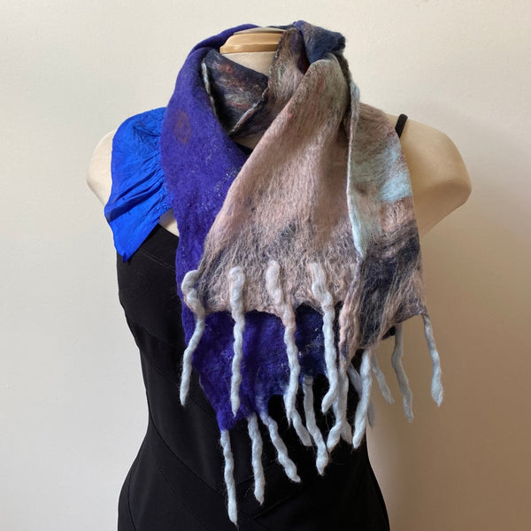 Hand Felted and Painted Silk and Wool Scarf, Unique Art to Wear