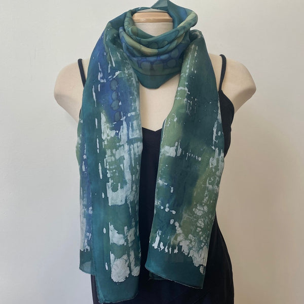 batik silk scarf, hand painted, dark green, 11"x70"