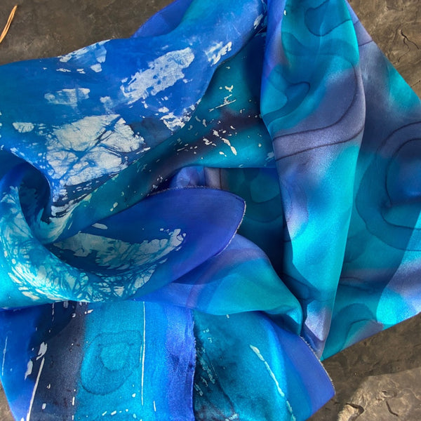 Blue Batik Silk Scarf, Hand Painted, 15"x70"