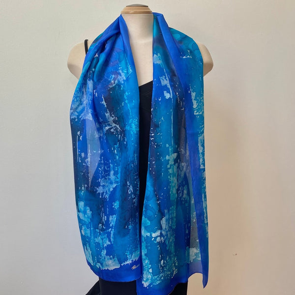 Blue Batik Silk Scarf, Hand Painted, 15"x70"