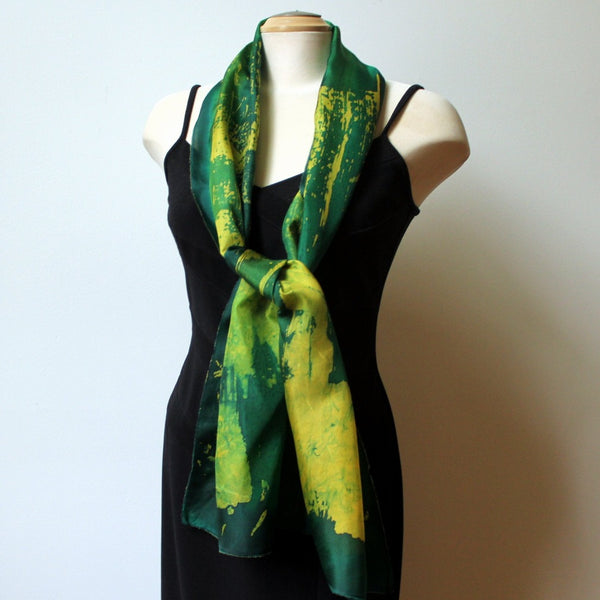 Batik Silk Bright Green Scarf, Hand Painted with Silk DuPont Dyes, 15" x 70"