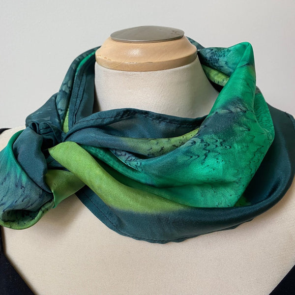 Green Silk Infinity Scarf, Handpainted