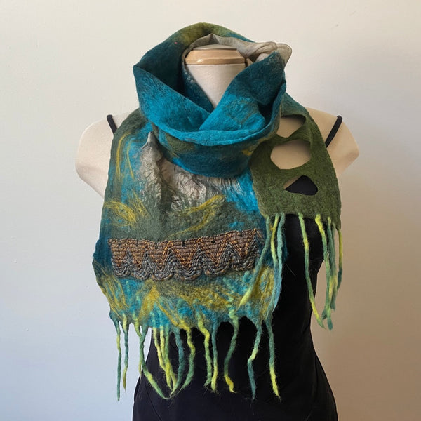 Hand-felted and eco-dyed wool and silk scarf