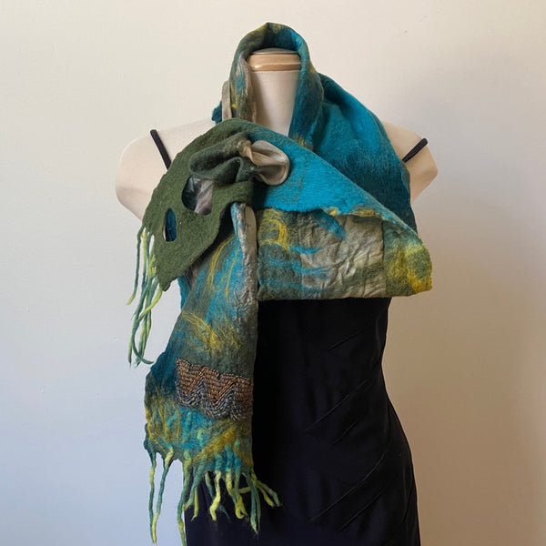 Hand-felted and eco-dyed wool and silk scarf