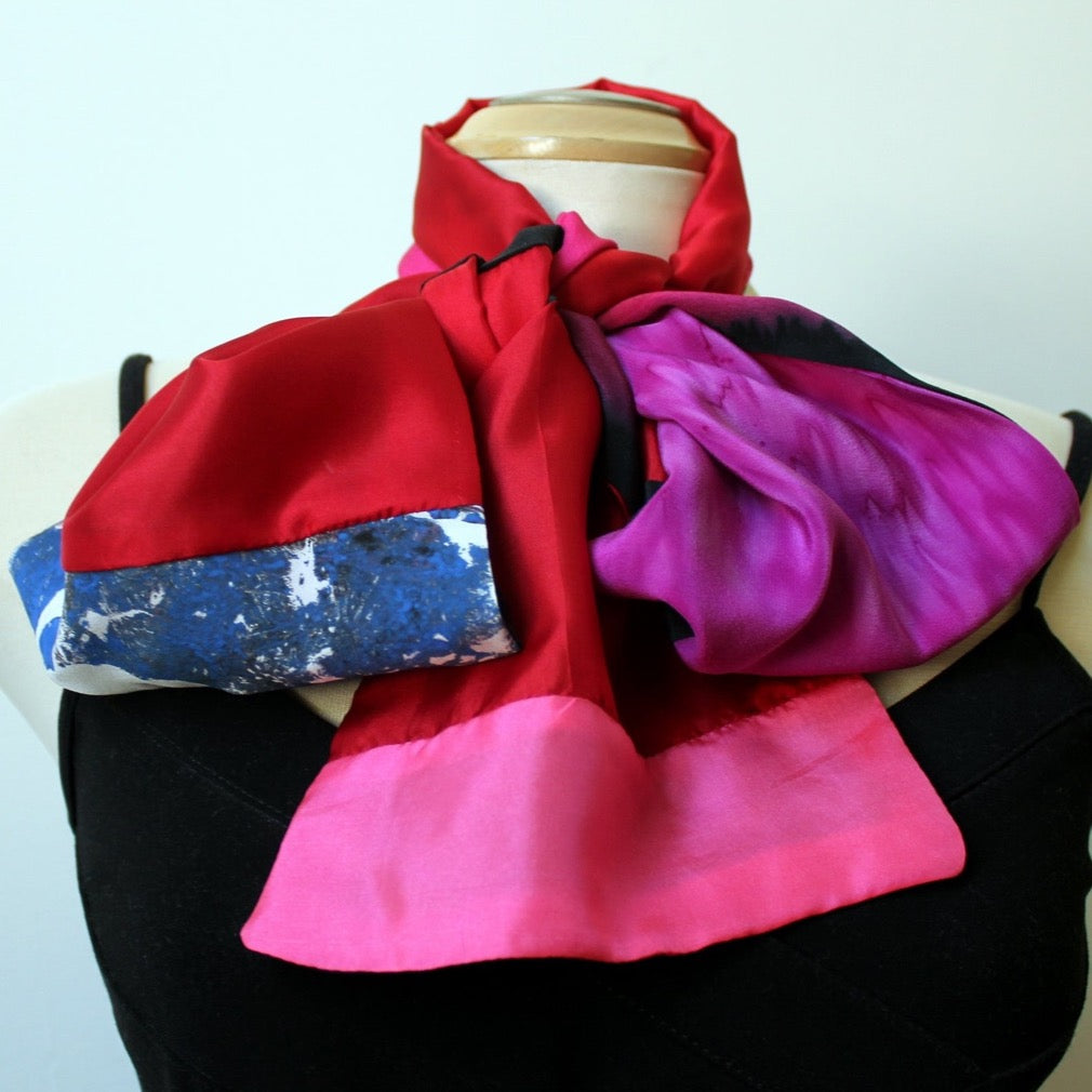 Hand Painted Silk Red Pieced Scarf, 64" x7.5" double silk