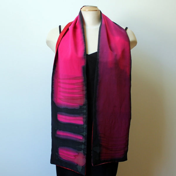 Hand Painted Silk Red Pieced Scarf, 64" x7.5" double silk