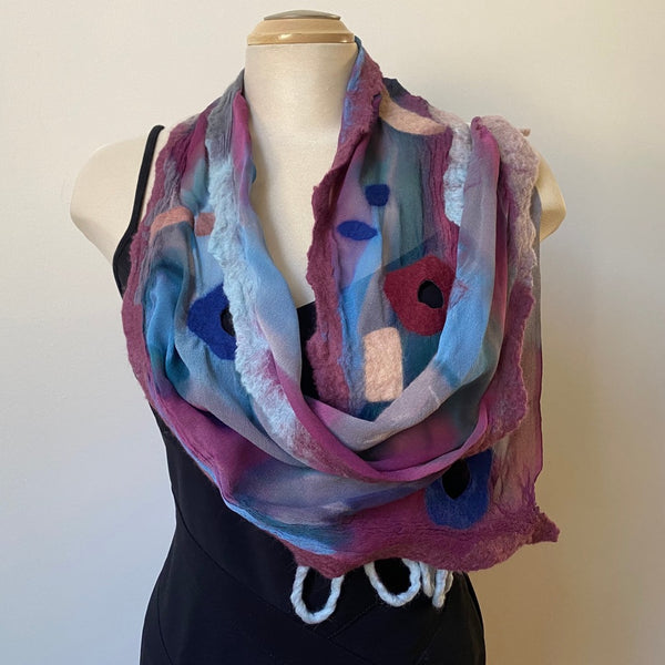 Hand felted and hand painted burgundy and blue silk and wool scarf