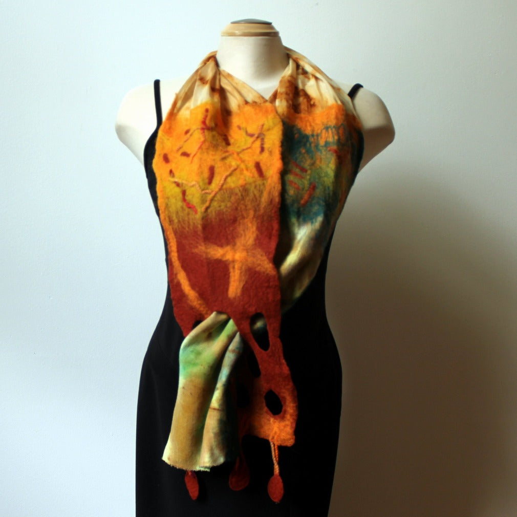 Hand Felted Nuno Art Scarf in Rusty Colors.