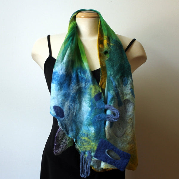 Hand felted and hand painted blue and green scarf