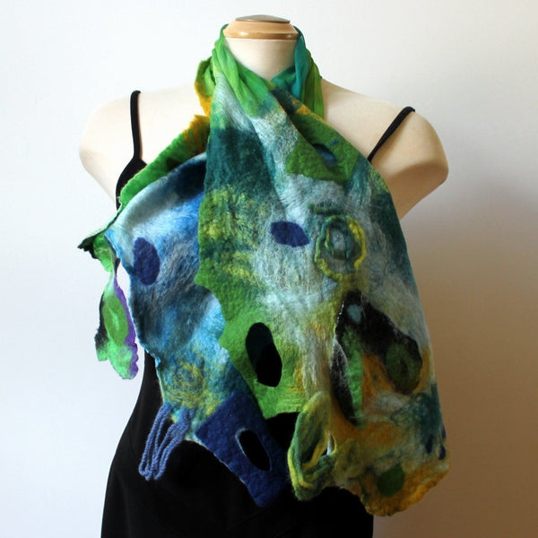 Hand felted and hand painted blue and green scarf