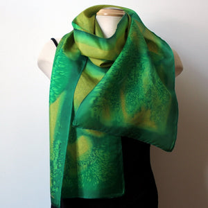 Hand Painted Silk Scarf Bright Green Color, 11" x 70"