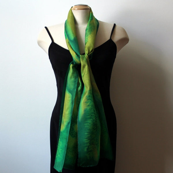 Hand Painted Silk Scarf Bright Green Color, 11" x 70"